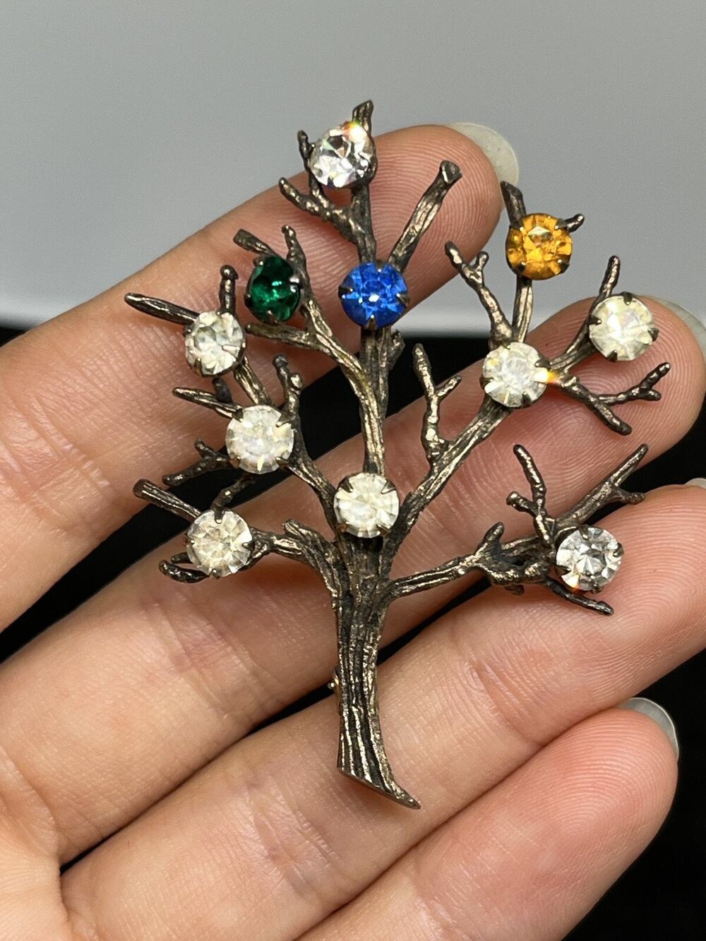 VTG Sterling Silver CURTIS JEWELRY CO Multi-Color Rhinestone Tree Brooch Pin 7g